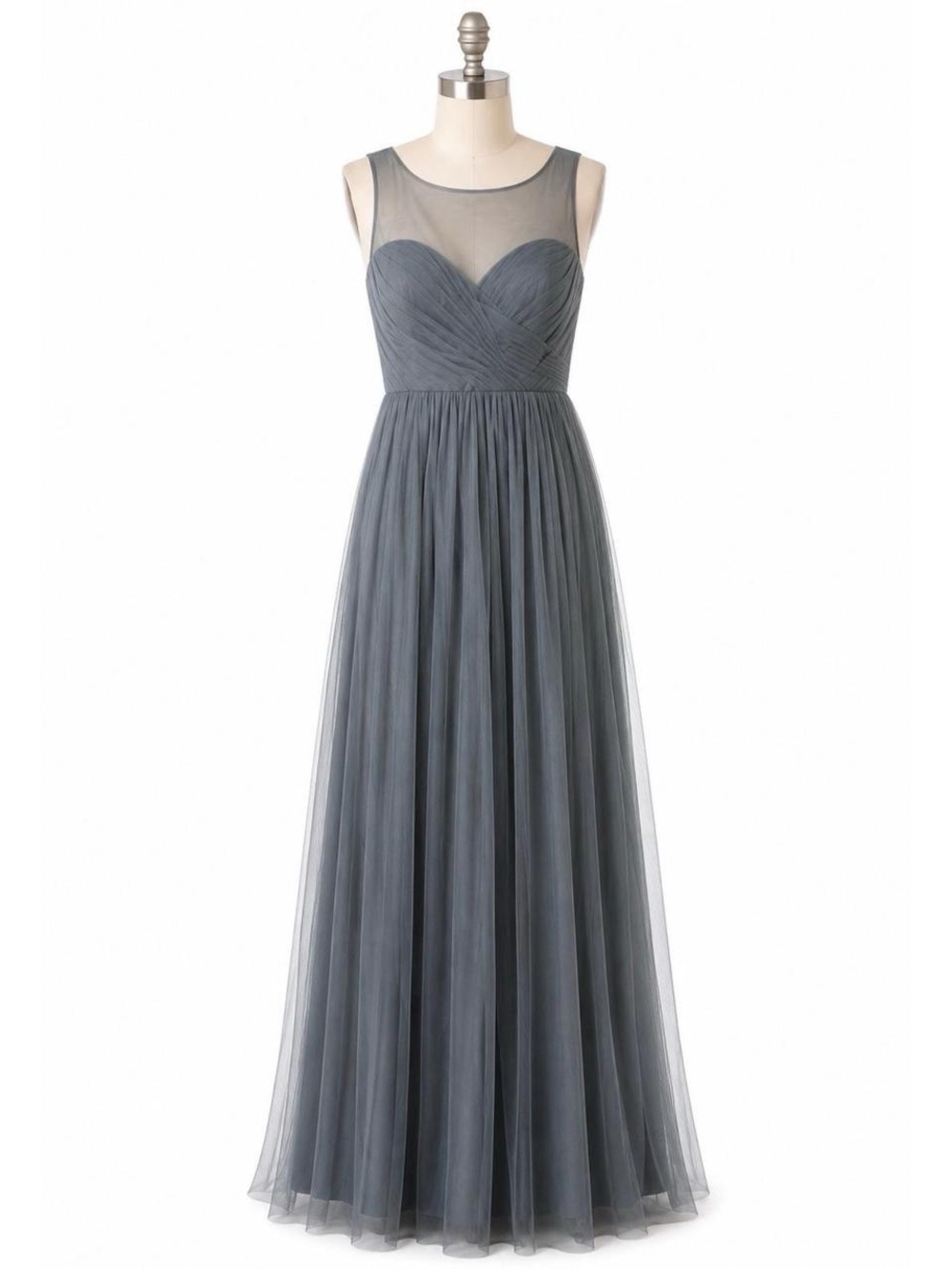Jenny Yoo Slate Gray Tulle Maxi Dress with Sheer Yoke